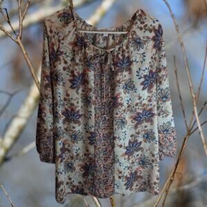 Counterparts Large long sleeve lightweight floral blue and orange polyester top